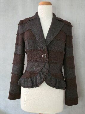 NueVa Ruffled Mixed-Media Blazer | Fringe Detail | Single Button | Size 8